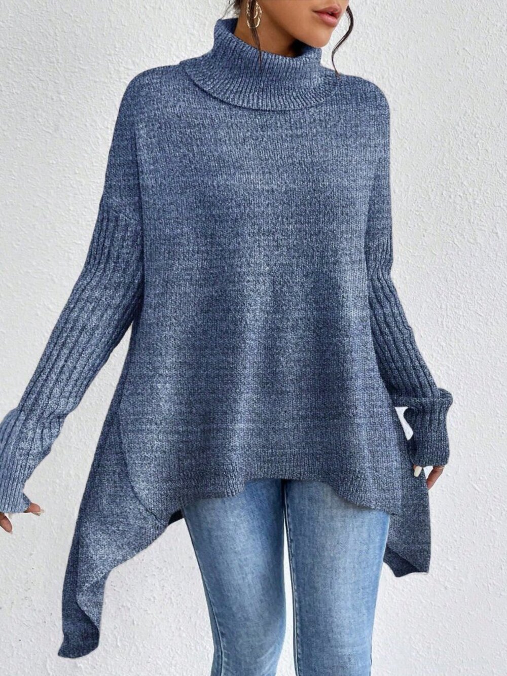 Blue Casual Women's Sleeve Turtleneck Asymmetrical Hem Drop Shoulder Sweater - Picture 3 of 6